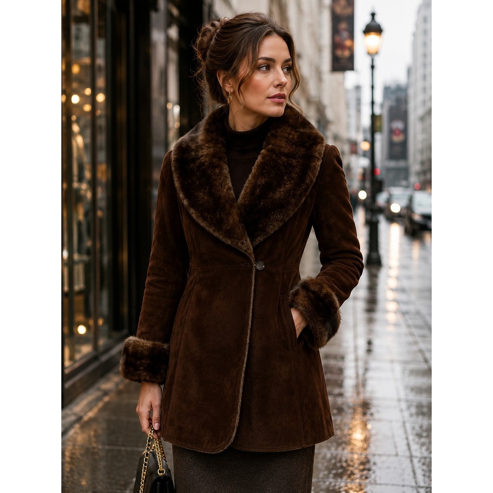 LNR La Nouvelle Renaissance Brown Leather Coat Faux Fur Trim Women's Medium